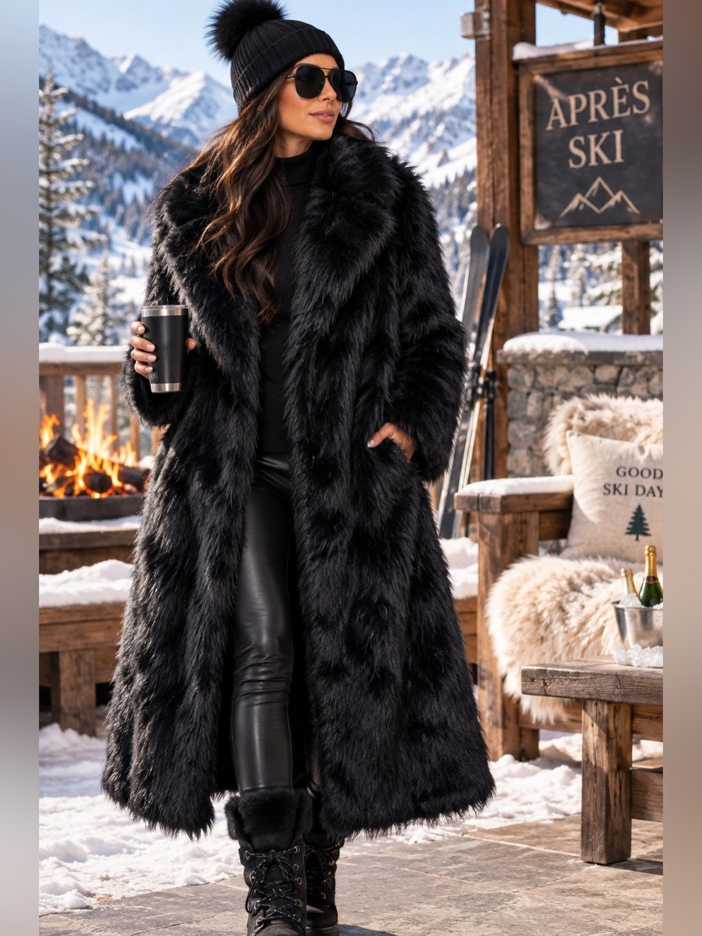Black Faux Fur Long Coat Oversized Collar Après Ski NWOT M L